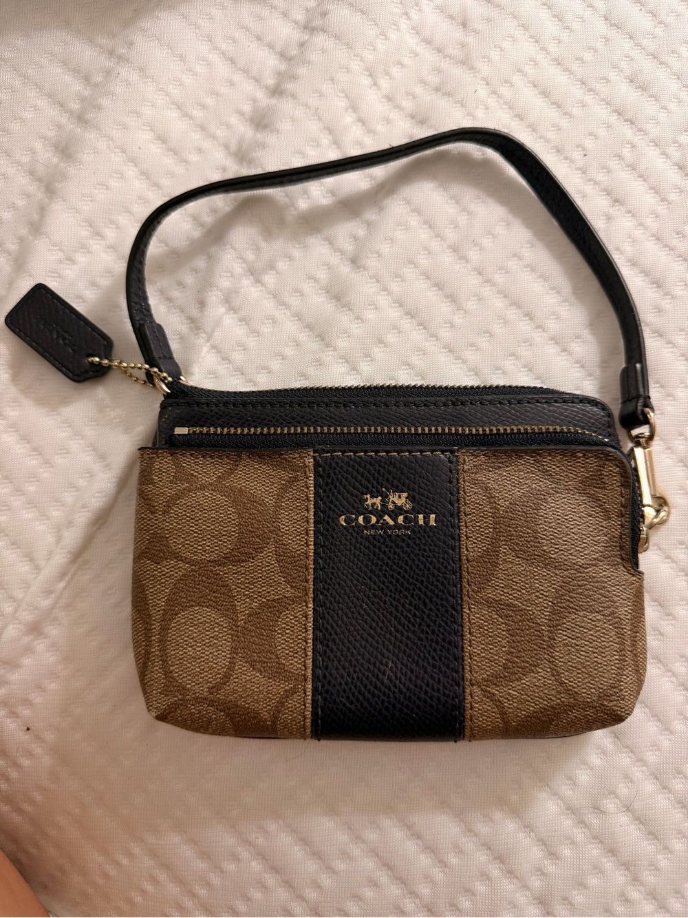 Vintage Coach Brown Signature Canvas Wristlet with Black Leather Trim